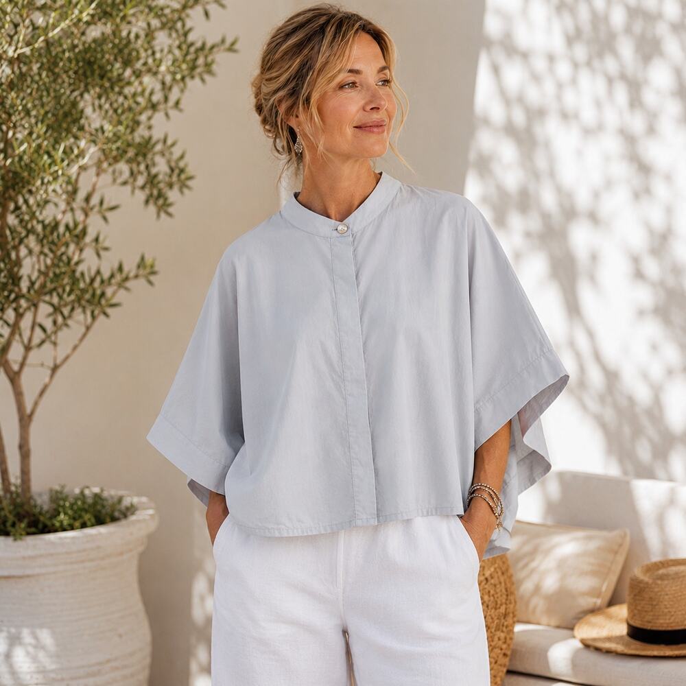 Bryn Walker SZ L 100% Cotton Short Sleeve Poncho Style Button Up Shirt LT Gray